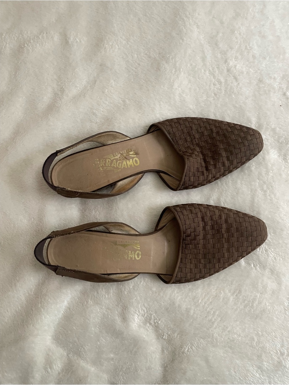 Salvatore Ferragamo Brown Woven Pointed Toe Slingback Flats